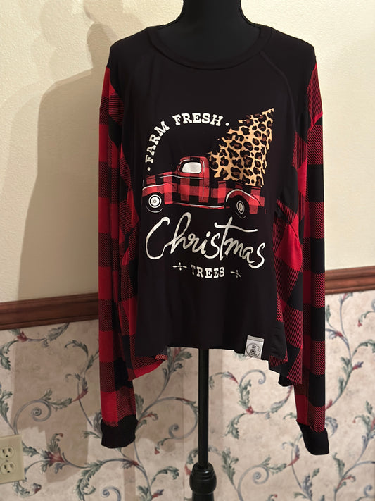 Upcycled "Farm Fresh Christmas Trees" T-Shrit with Plaid Dress Sleeves