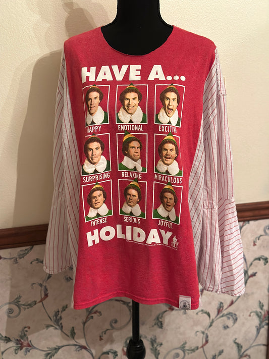 Upcycled Buddy the Elf Multi Faces Holiday T-Shirt with Ladies Blouse Sleeves