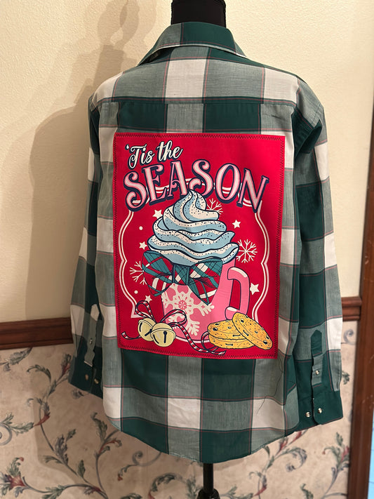 Upcycled Christmas Cocoa T-Shirt on Ladies Green/White Blouse